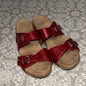 DANSKO Red Leather Wedge Slide Sandals with Buckles